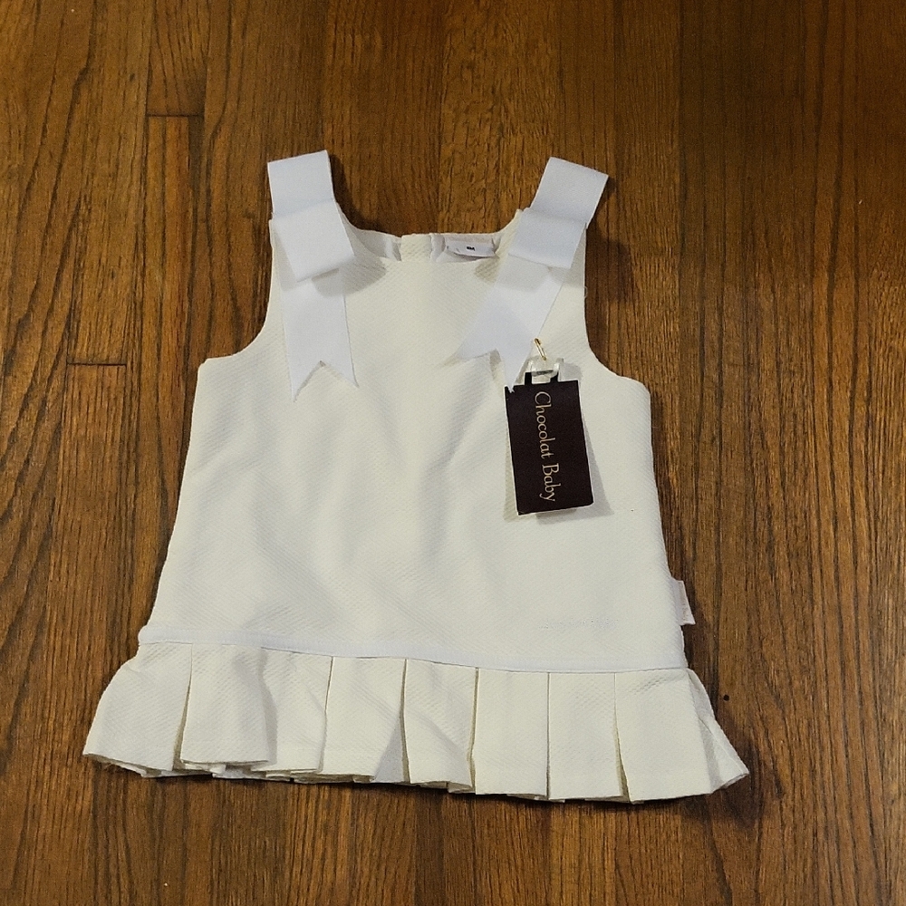 Chocolat Baby White Pleated Hem Dress with Shoulder Bows